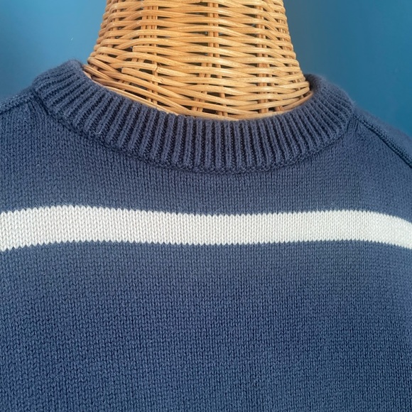 J Crew Men’s Navy Cream Striped 100% Cotton Crew Neck Sweater Size Medium - Picture 2 of 10